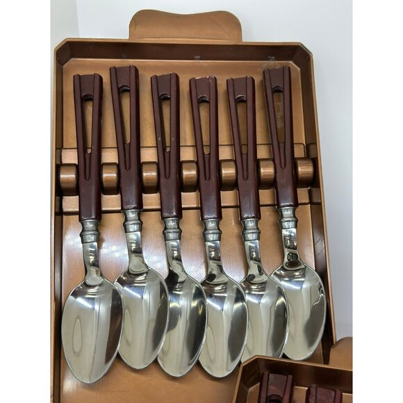 VTG STANHOME Stainless Faux Plastic Flatware Set (18 pcs) Matching Case Brown - Picture 4 of 10